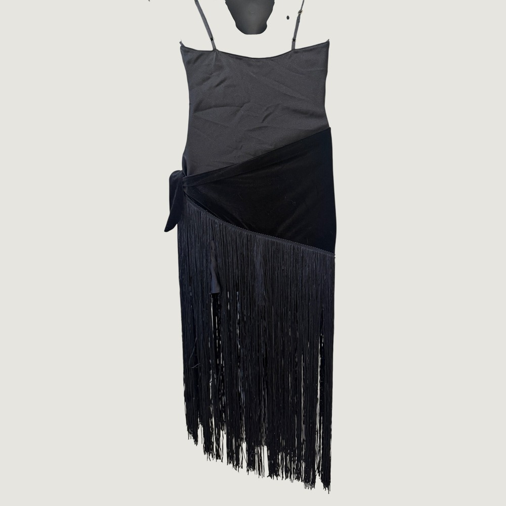 Zara Fringe Slip Dress Womens Medium Black New Festive Days Cowl Neck Velvet - Picture 10 of 11